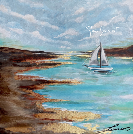 “Shoreline” Original seascape, boat painting.
