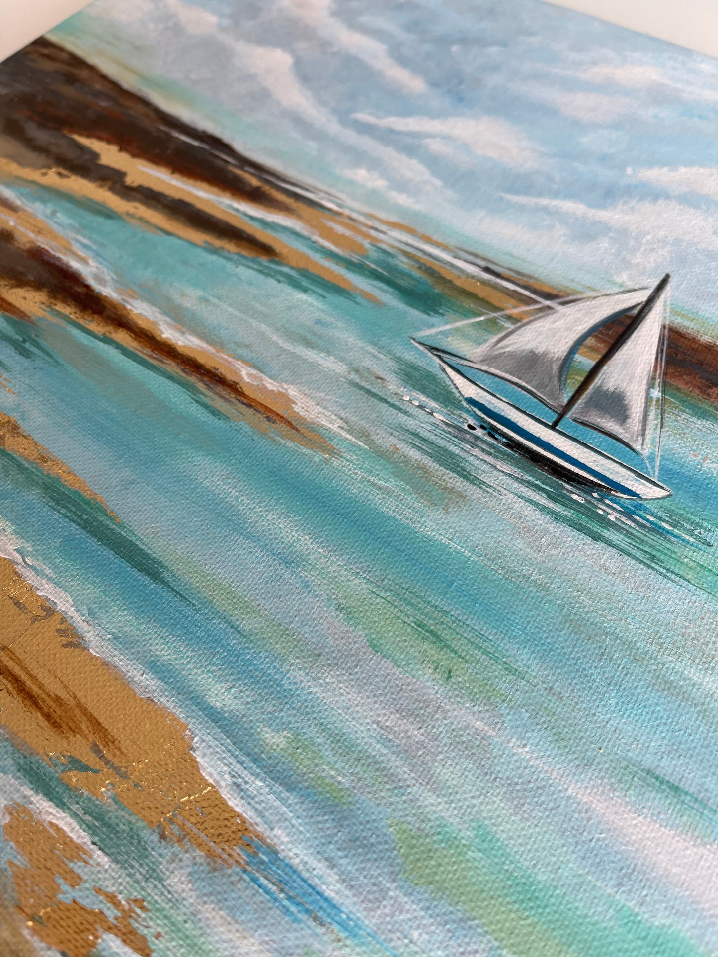 “Shoreline” Original seascape, boat painting.