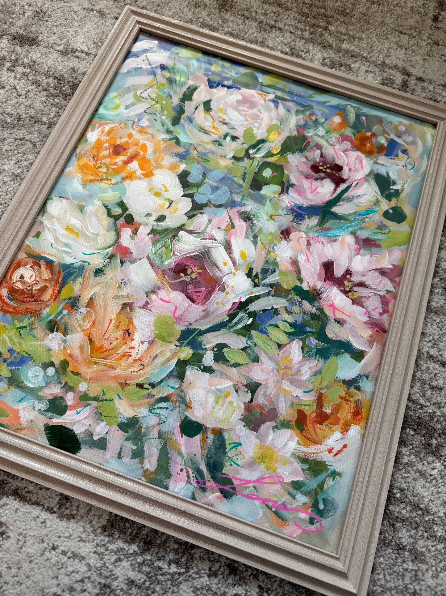 “Young love” Original floral abstract painting, framed.