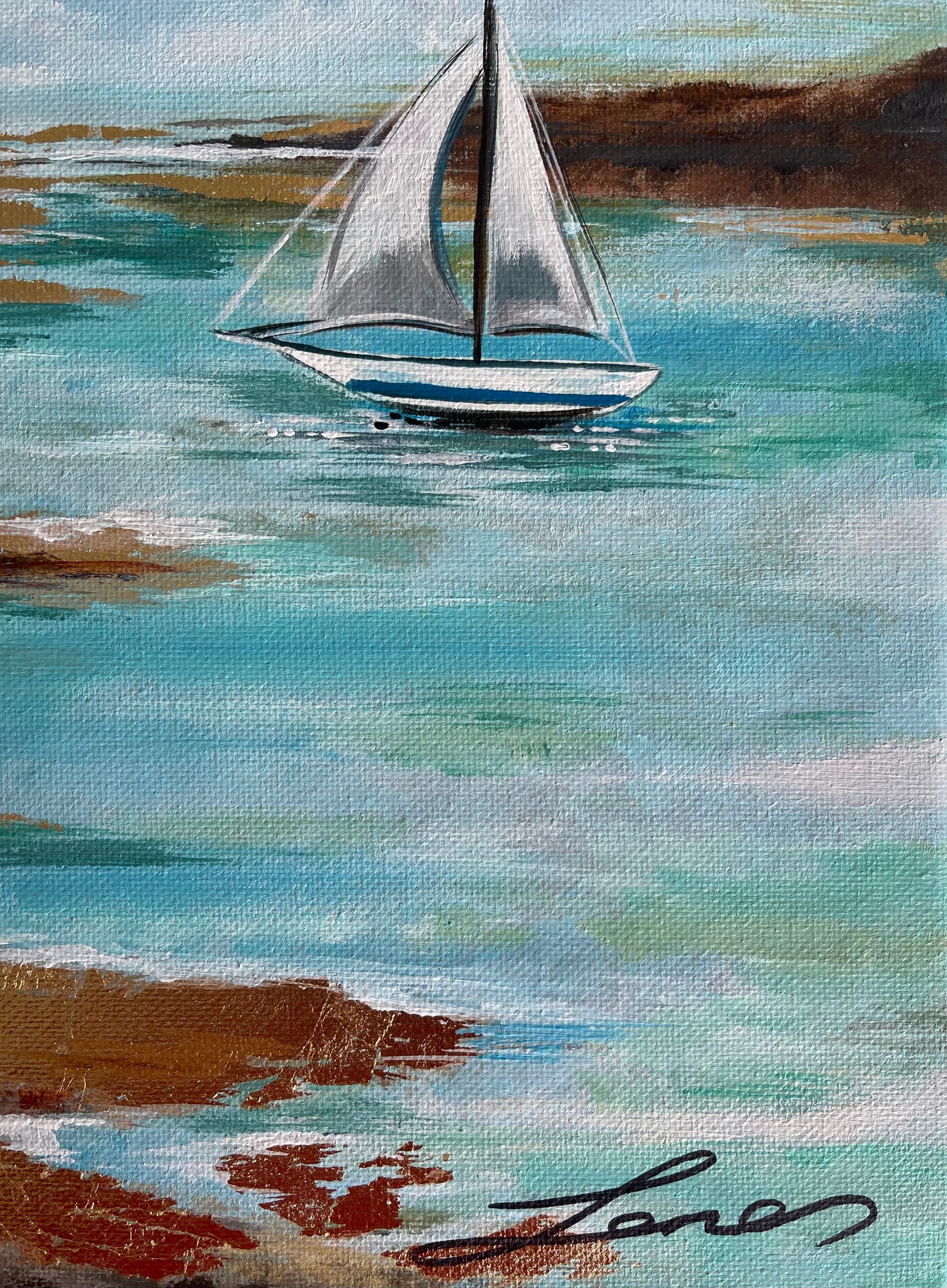 “Shoreline” Original seascape, boat painting.