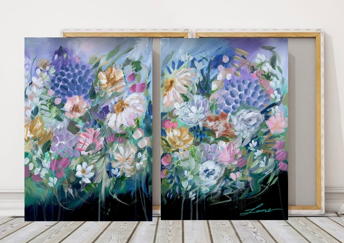 “Sweet Harmony” set of two floral paintings.