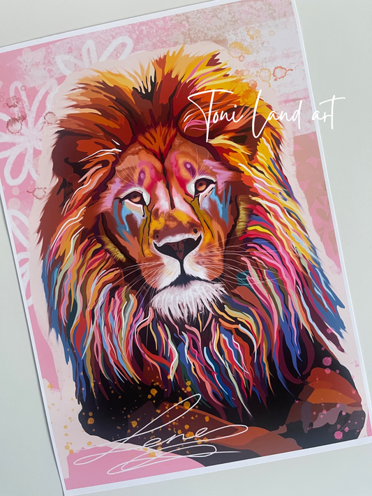 "Bonfire Heart" Rainbow lion art print.