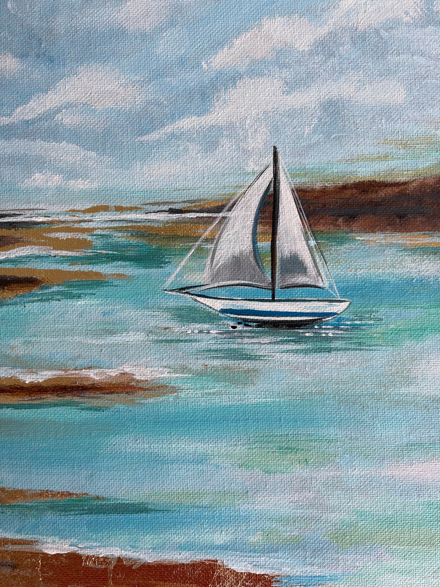 “Shoreline” Original seascape, boat painting.