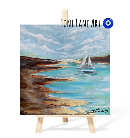 “Shoreline” Original seascape, boat painting.