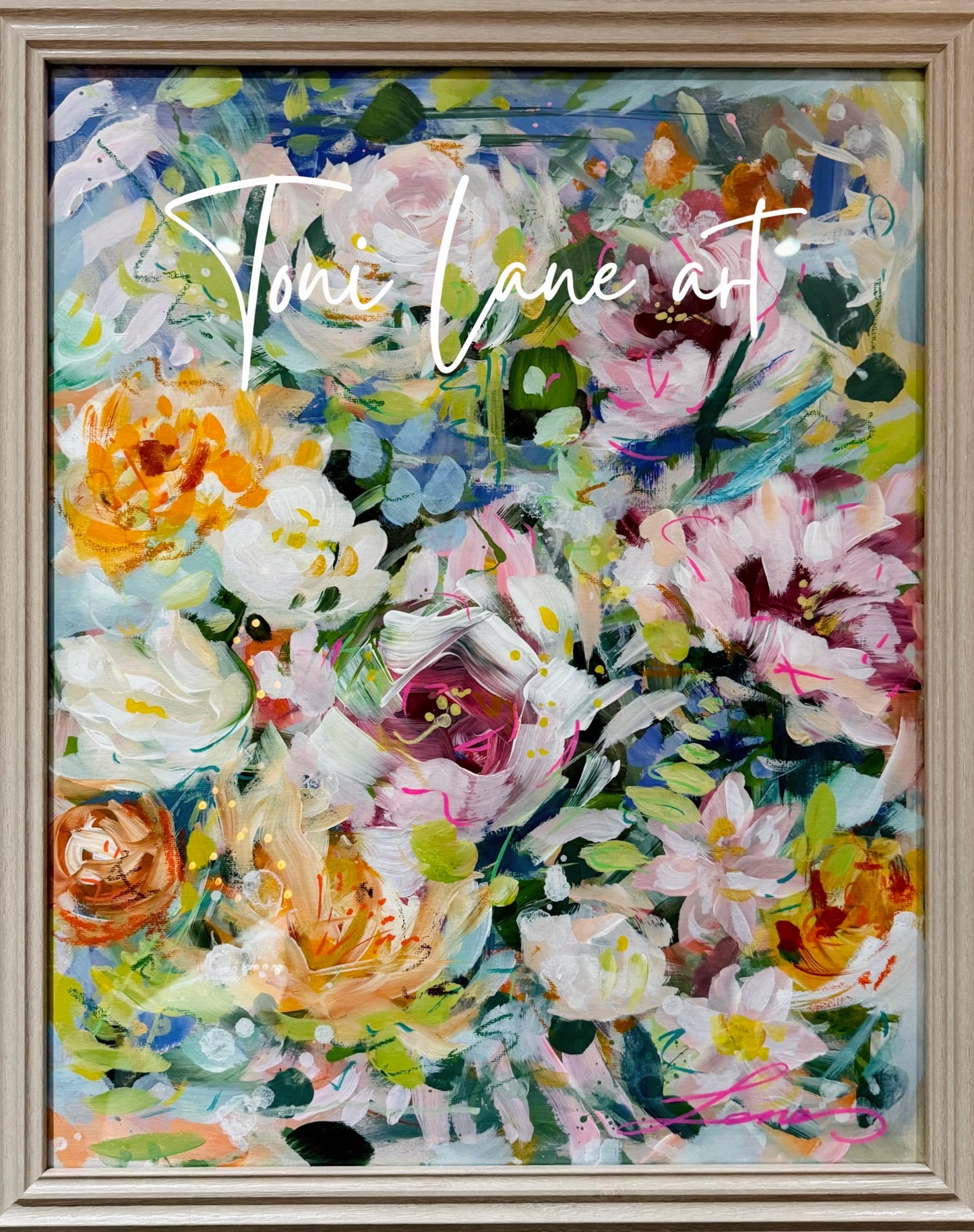 “Young love” Original floral abstract painting, framed.