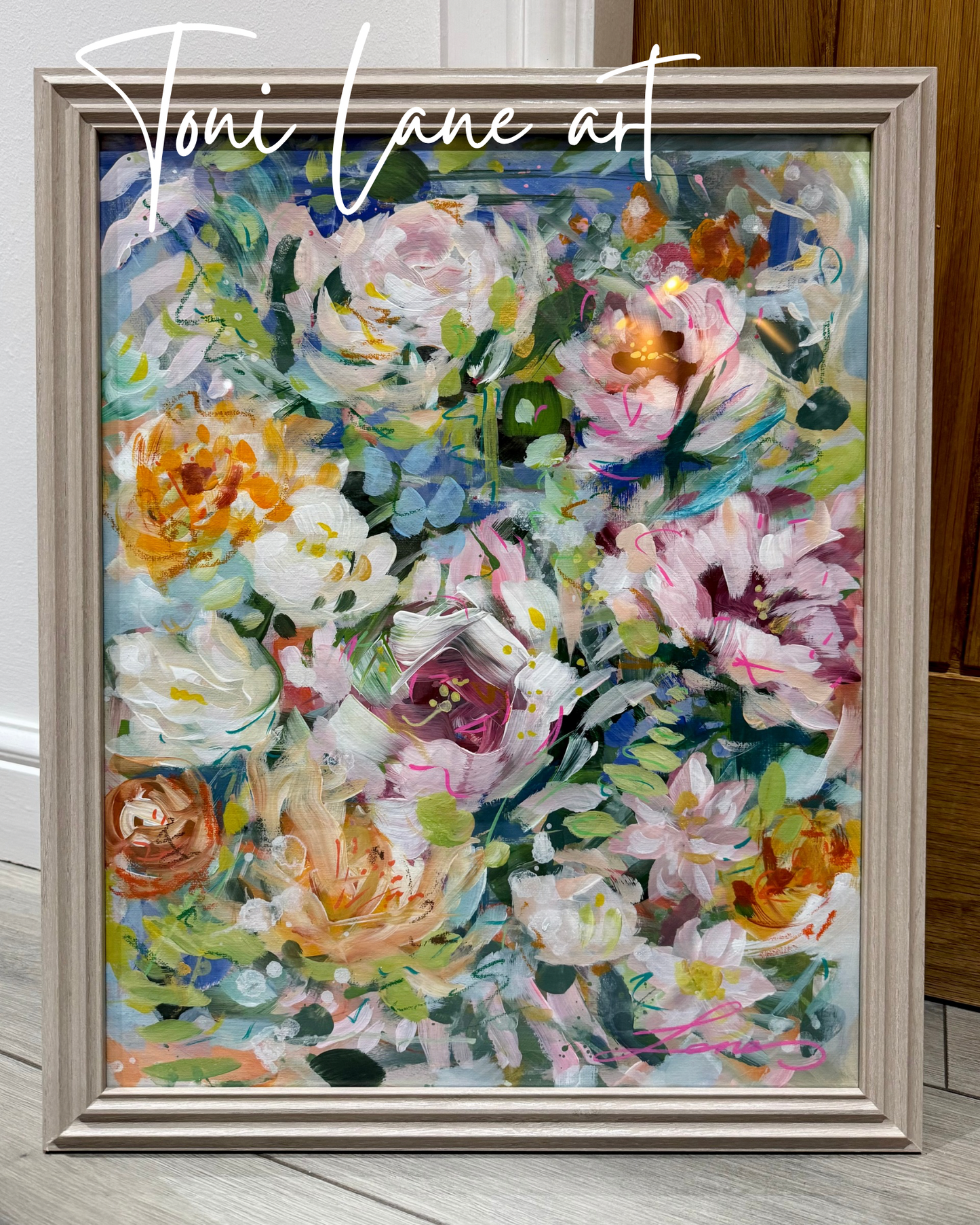 “Young love” Original floral abstract painting, framed.