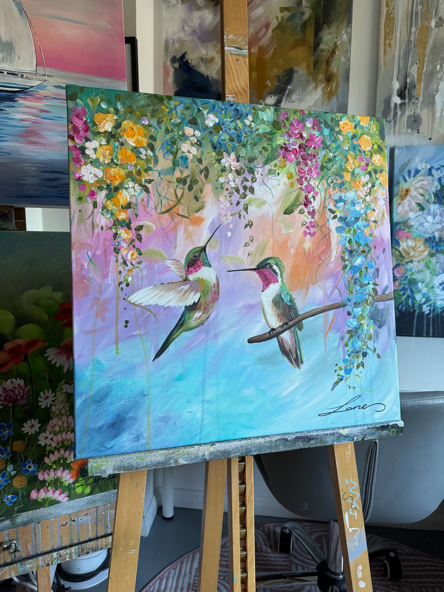 “Birds Of A Feather” Original Hummingbird painting by Toni Lane