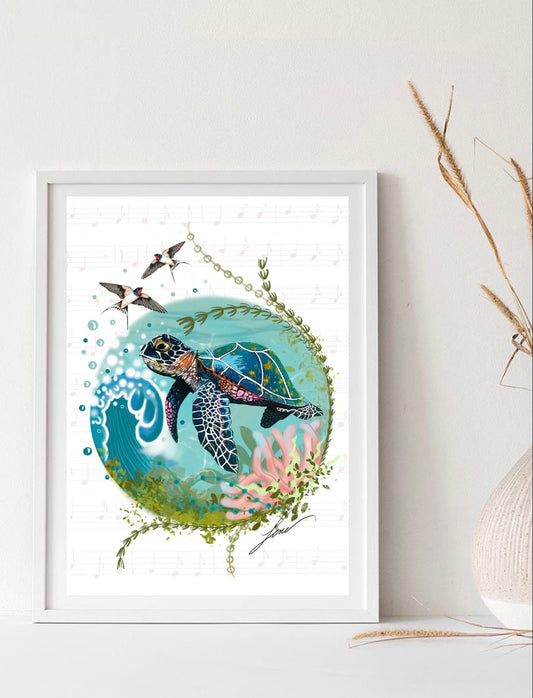 "Land and Sea" sea turtle and swallow art.