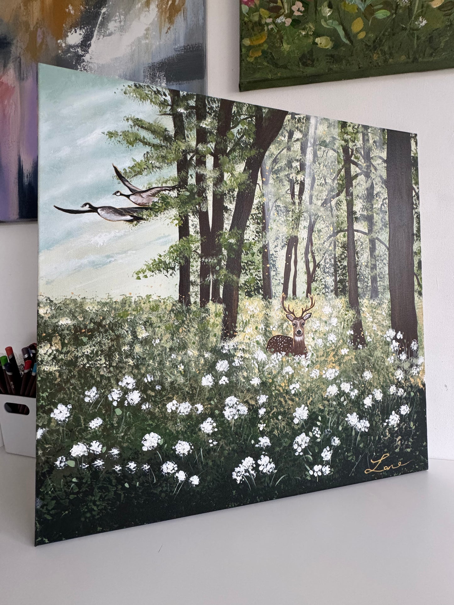 "Country Mile" Original woodland stag painting.