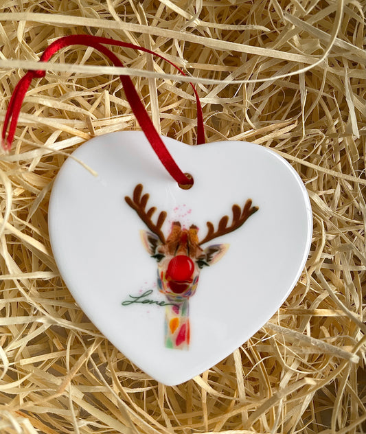 "Giraffe Greetings" Heart shaped tree ornament.