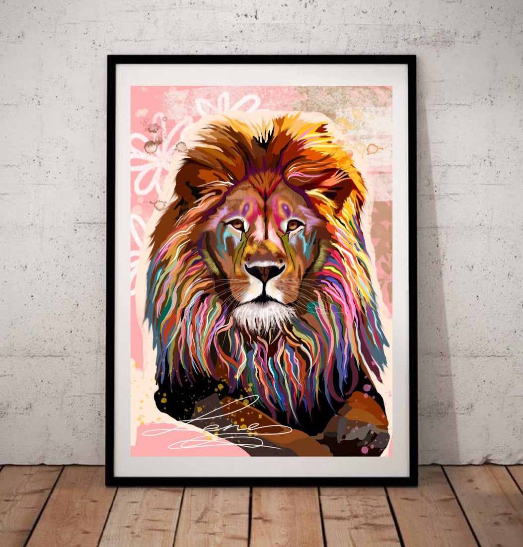 "Bonfire Heart" Rainbow lion art print.