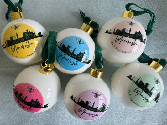 "Manchester" set of six bone china baubles.