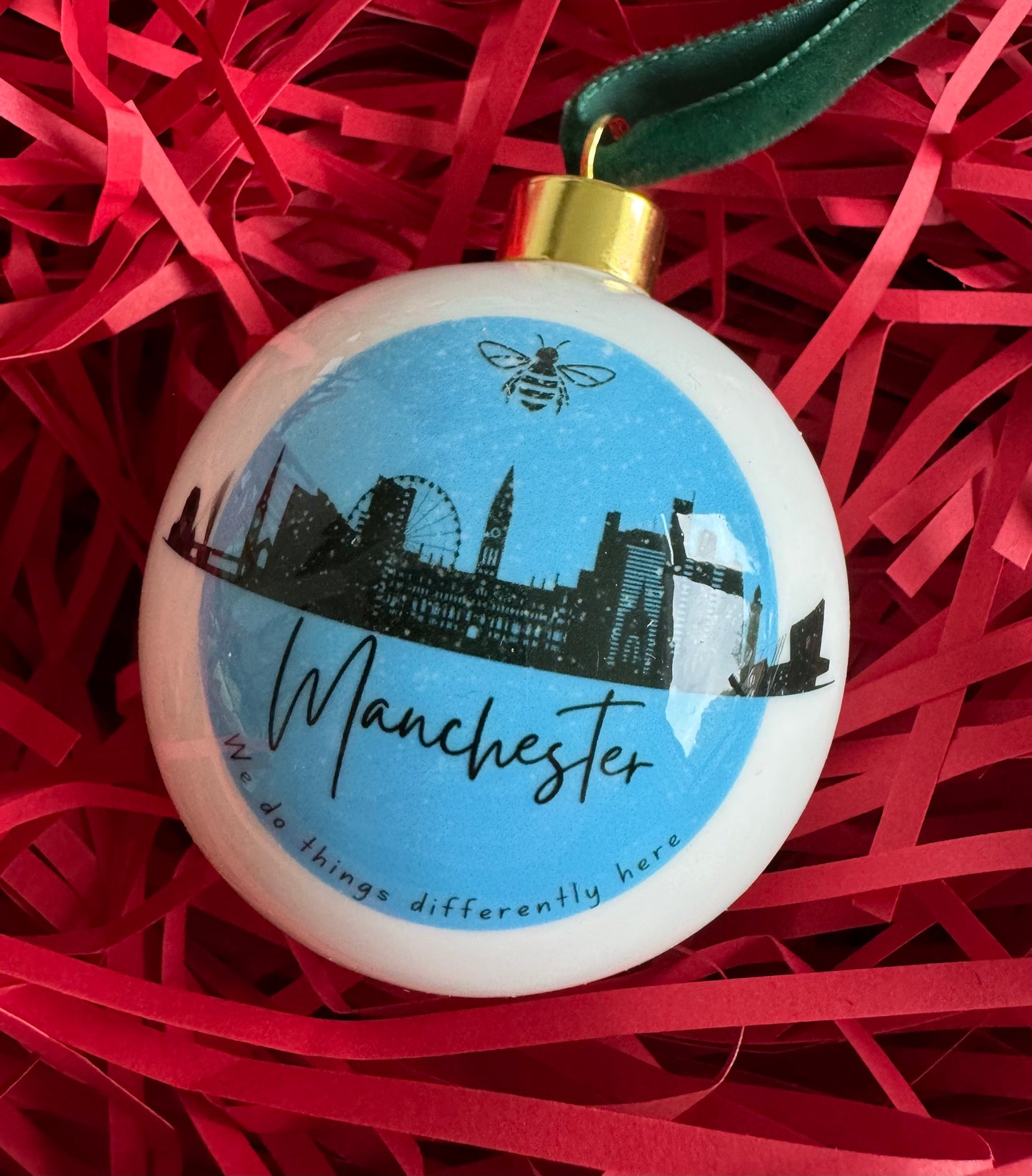 "Manchester" Bone china bauble in blue.