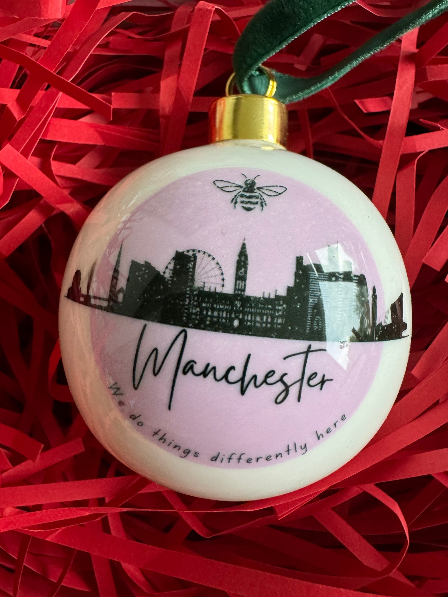 "Manchester" Bone china bauble in lilac.