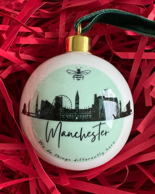 "Manchester" Bone china bauble in mint green.