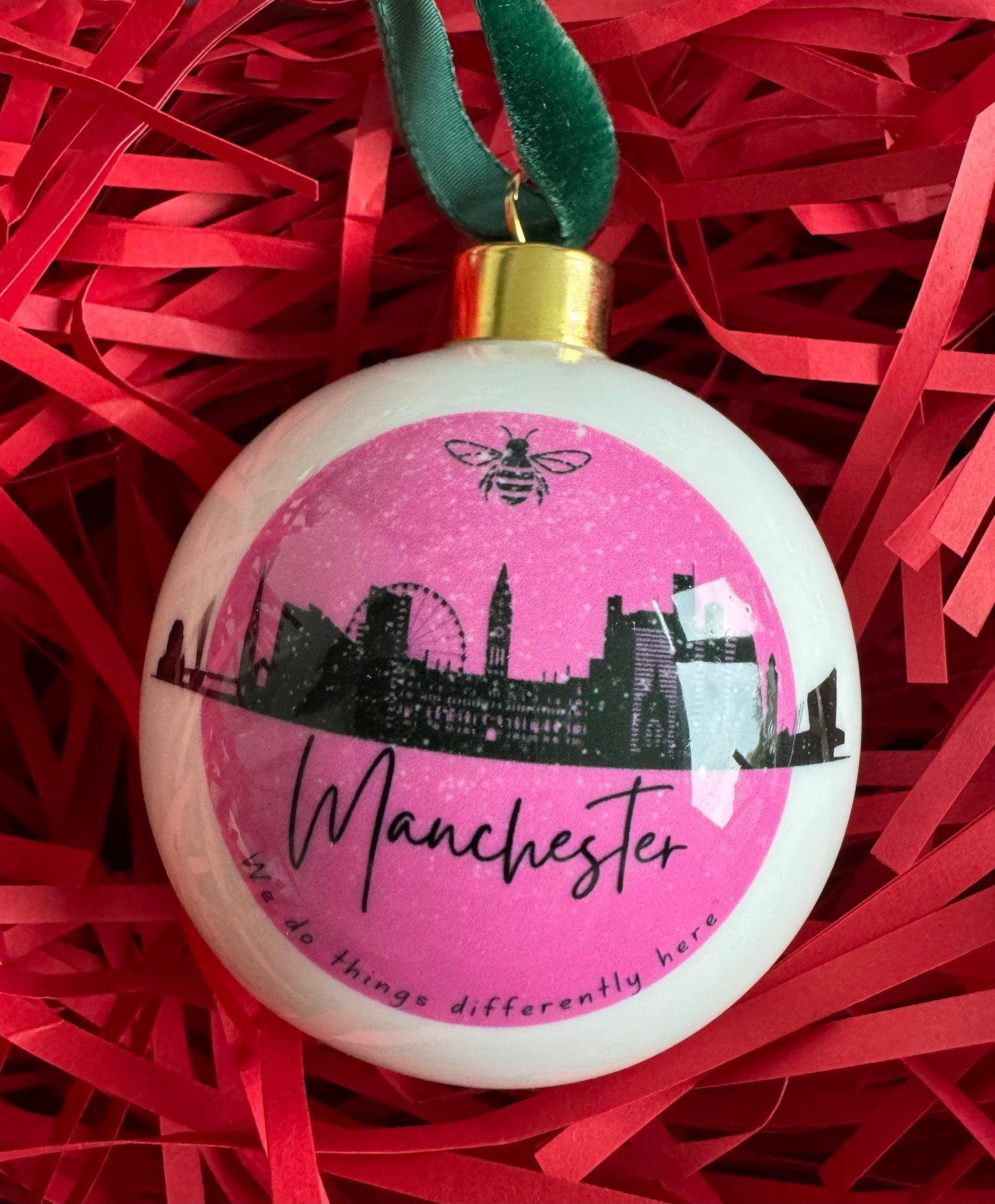 "Manchester" Bone china bauble in bright pink.