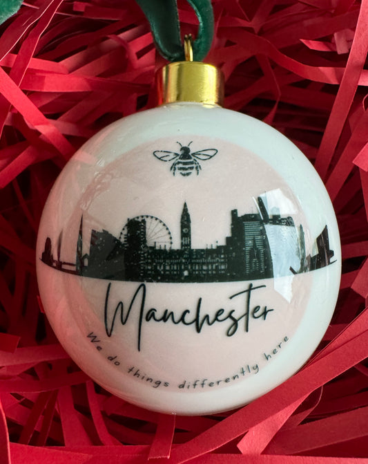 "Manchester" Bone china bauble in pale pink.