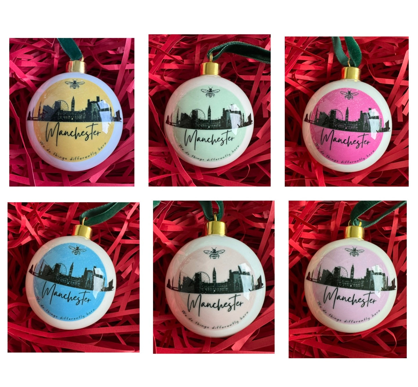 "Manchester" set of six bone china baubles.