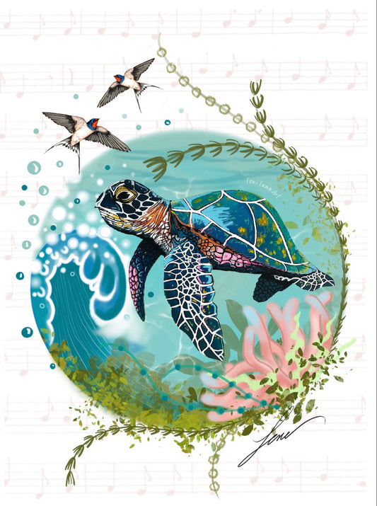 "Land and Sea" sea turtle and swallow art.