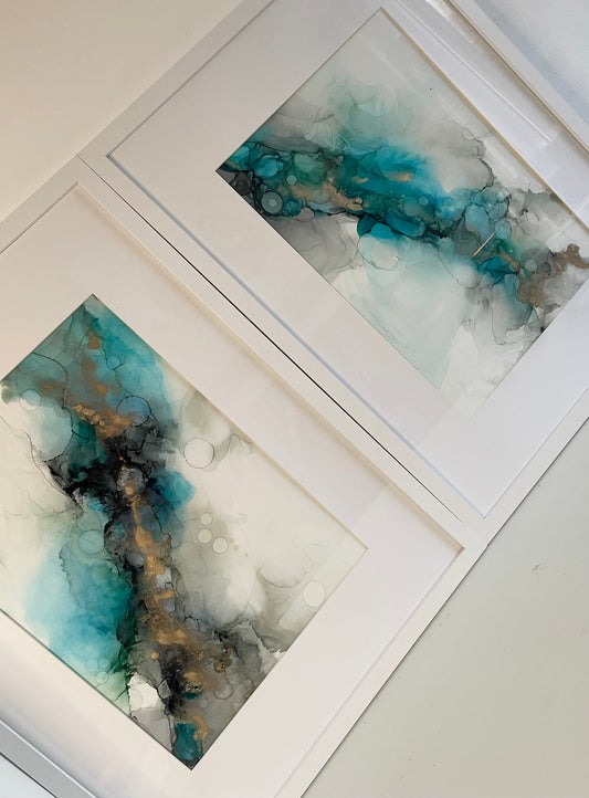 Commissioned Alcohol ink / Teal, Black and Gold.